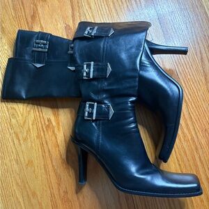 ALDO Made in Italy Black All-Leather Buckle Stiletto Boots – Mid Calf